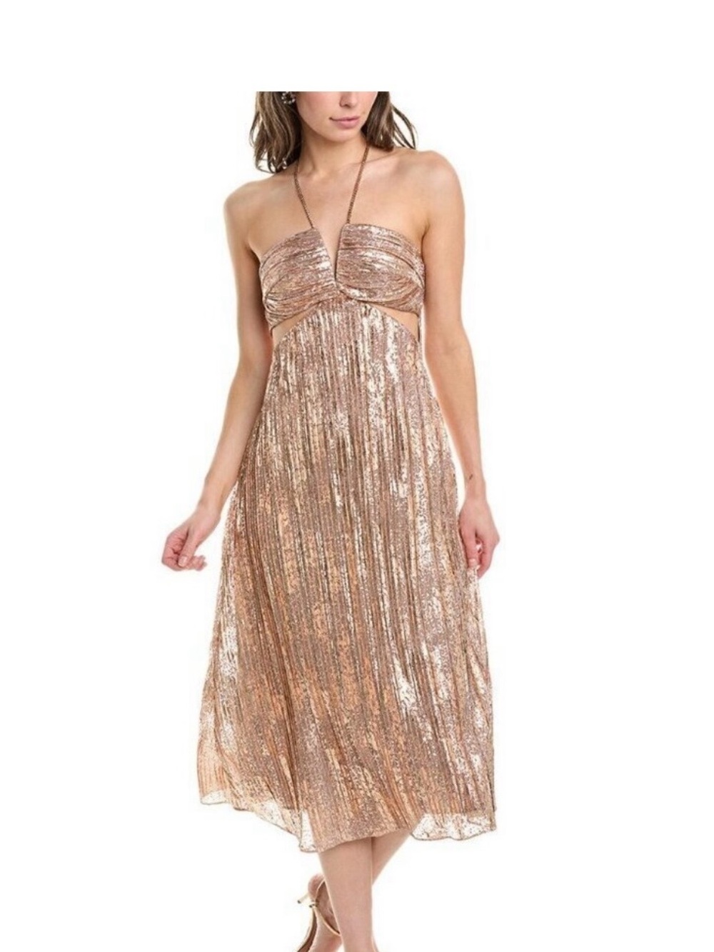 Strapless Rose Gold Midi Dress with Plissé Skirt